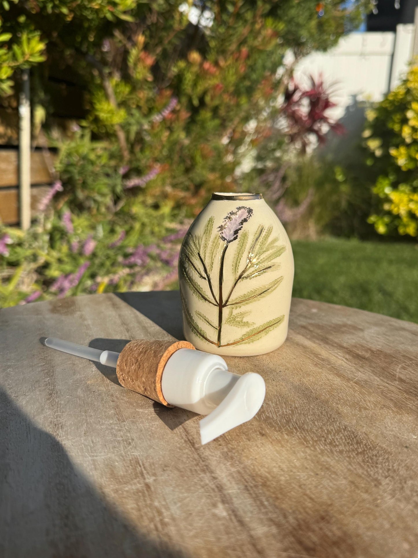 Liquid Soap or Lotion Dispensers with Cork Pump, Ceramic Hand-pressed Hand-painted, Floral Decor