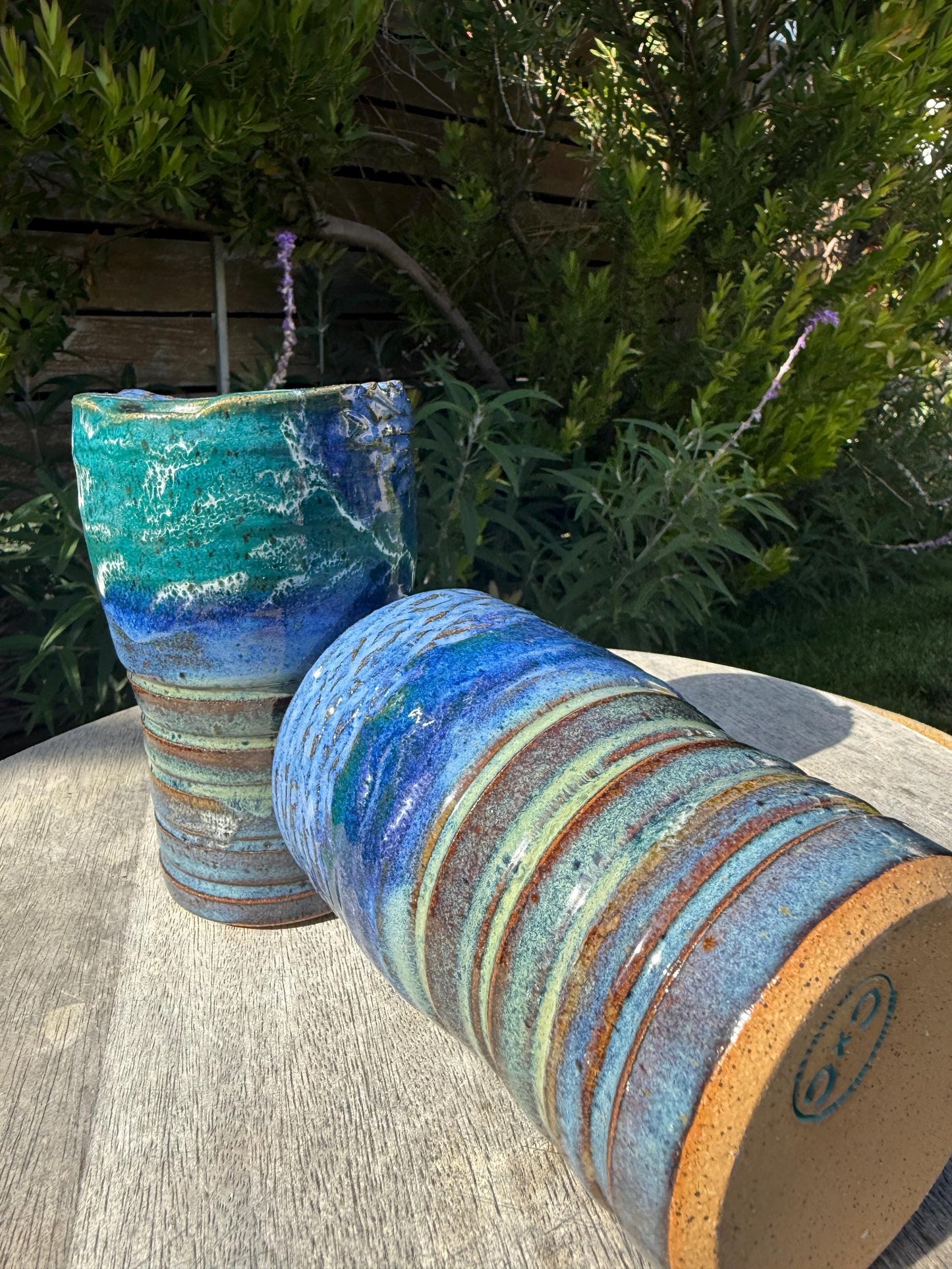 Beach Wave Handmade Travel Coffee Cups, Tall To Go Tea Mug, Handpainted with Blue Turquoise Glazes