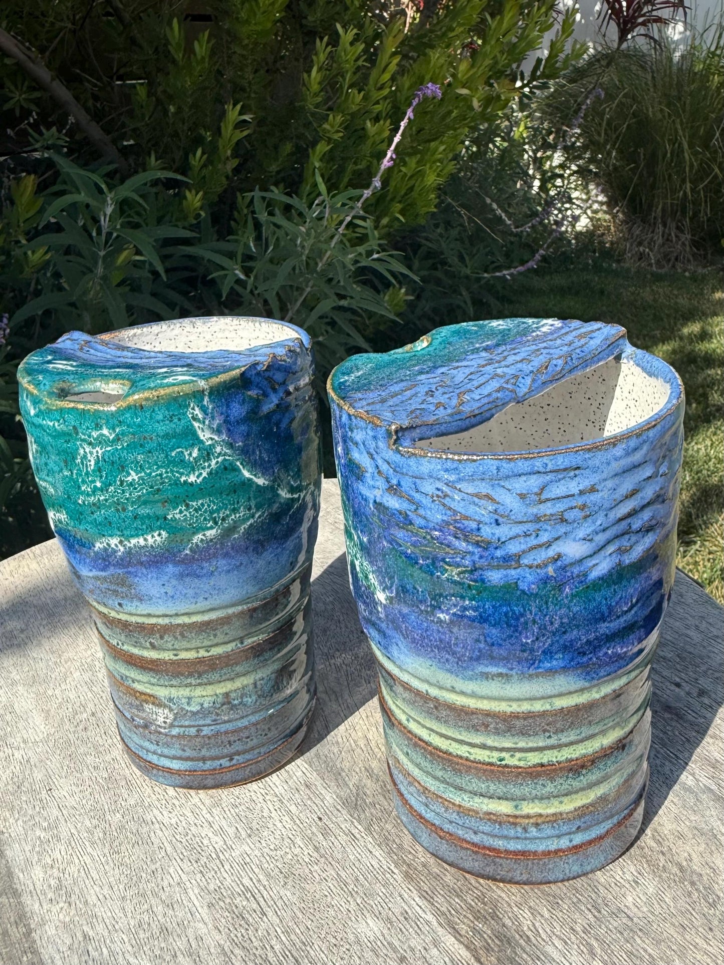 Beach Wave Handmade Travel Coffee Cups, Tall To Go Tea Mug, Handpainted with Blue Turquoise Glazes