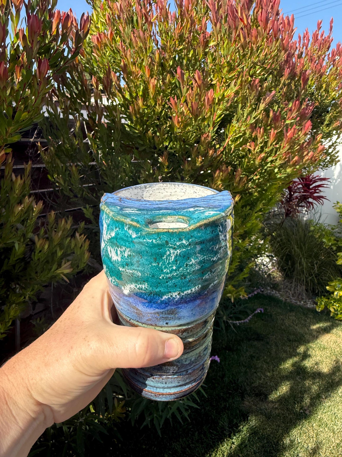 Beach Wave Handmade Travel Coffee Cups, Tall To Go Tea Mug, Handpainted with Blue Turquoise Glazes