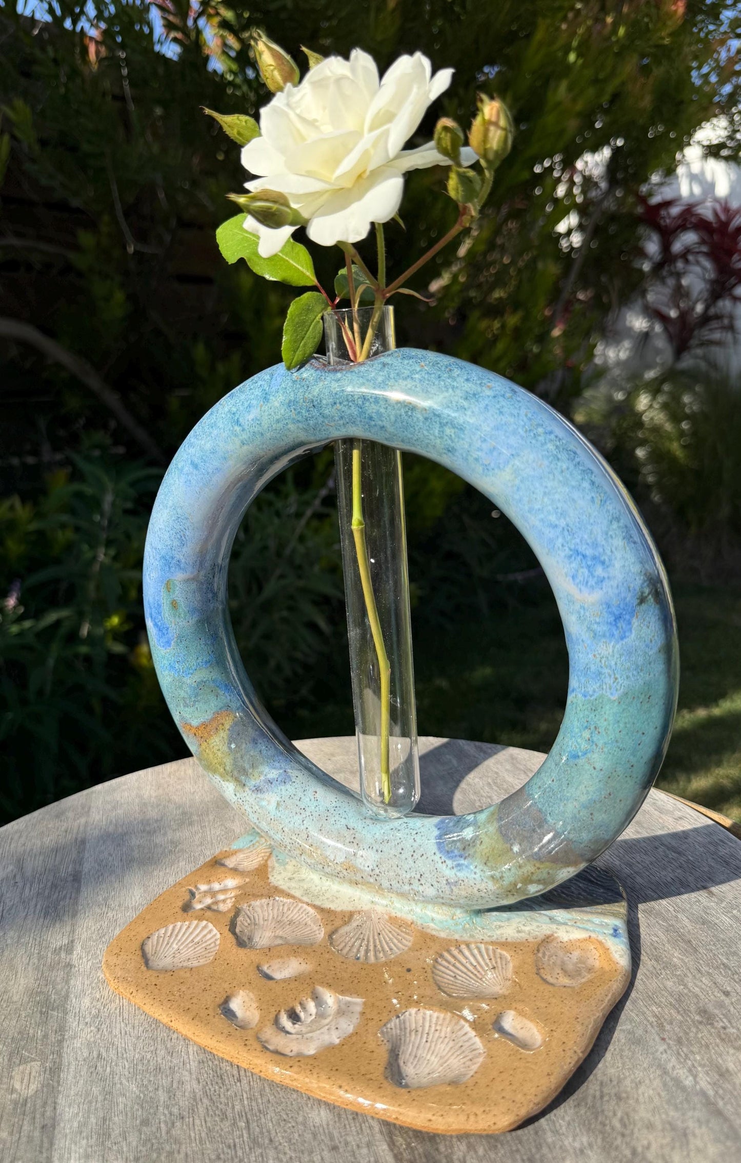 Window to the Beach Handmade Donut Vase, Ceramic Base with Glass Single Stem Tube, Beach inspired Pressed Shells — Wheel-thrown Stoneware