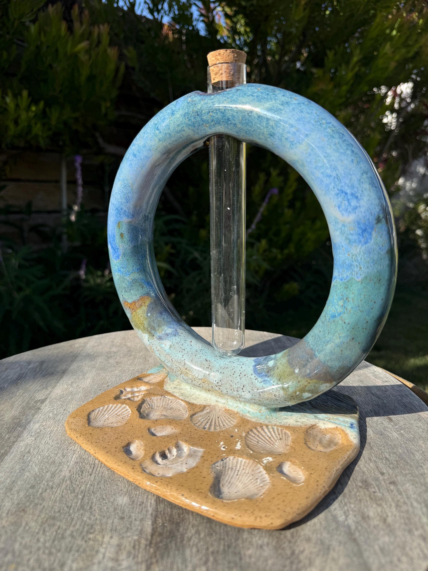 Window to the Beach Handmade Donut Vase, Ceramic Base with Glass Single Stem Tube, Beach inspired Pressed Shells — Wheel-thrown Stoneware