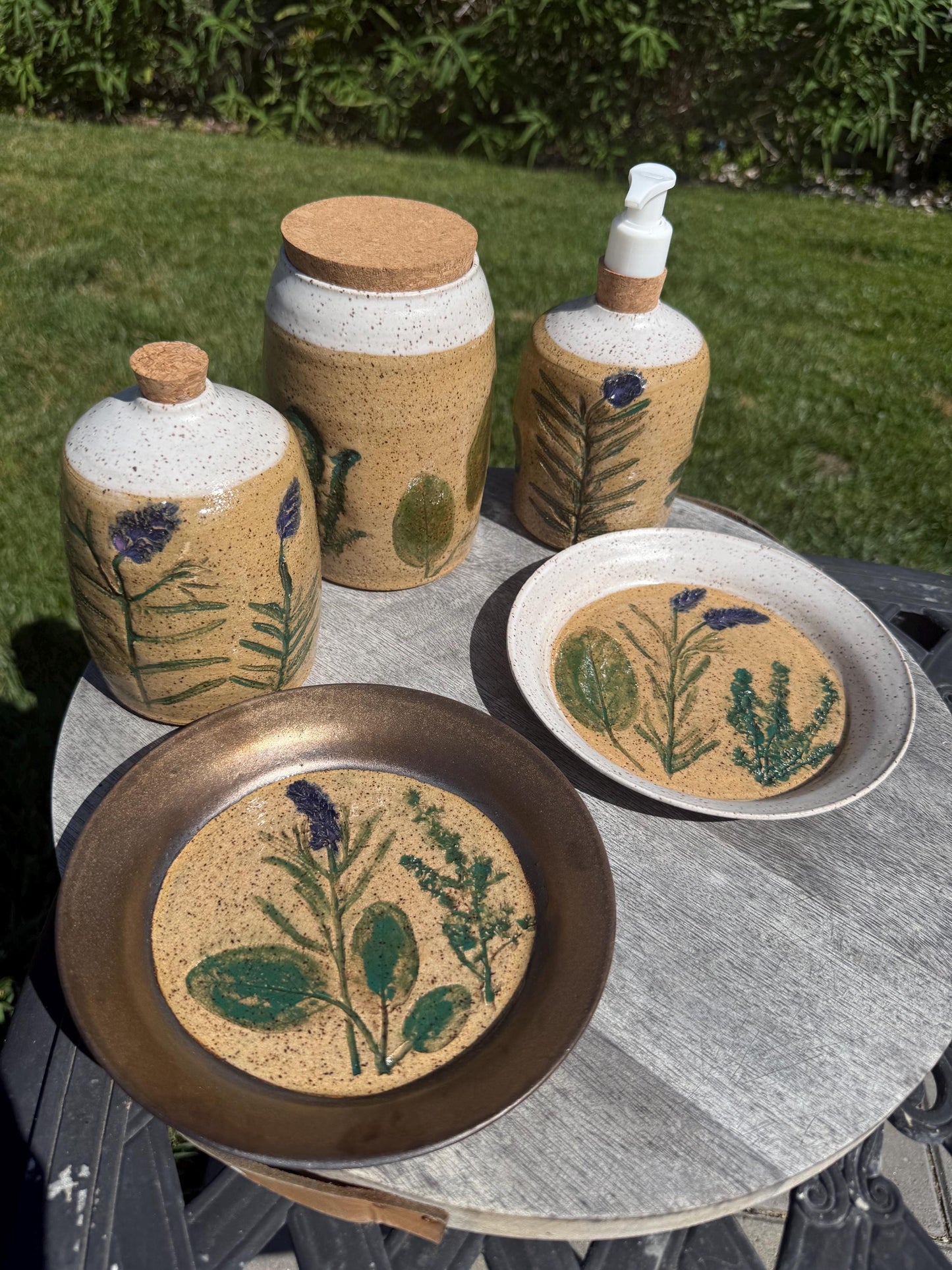 Pressed Plate, Food or Trinket, Hand-painted Plant Impression, Lavender Herbs, Matte Gold
