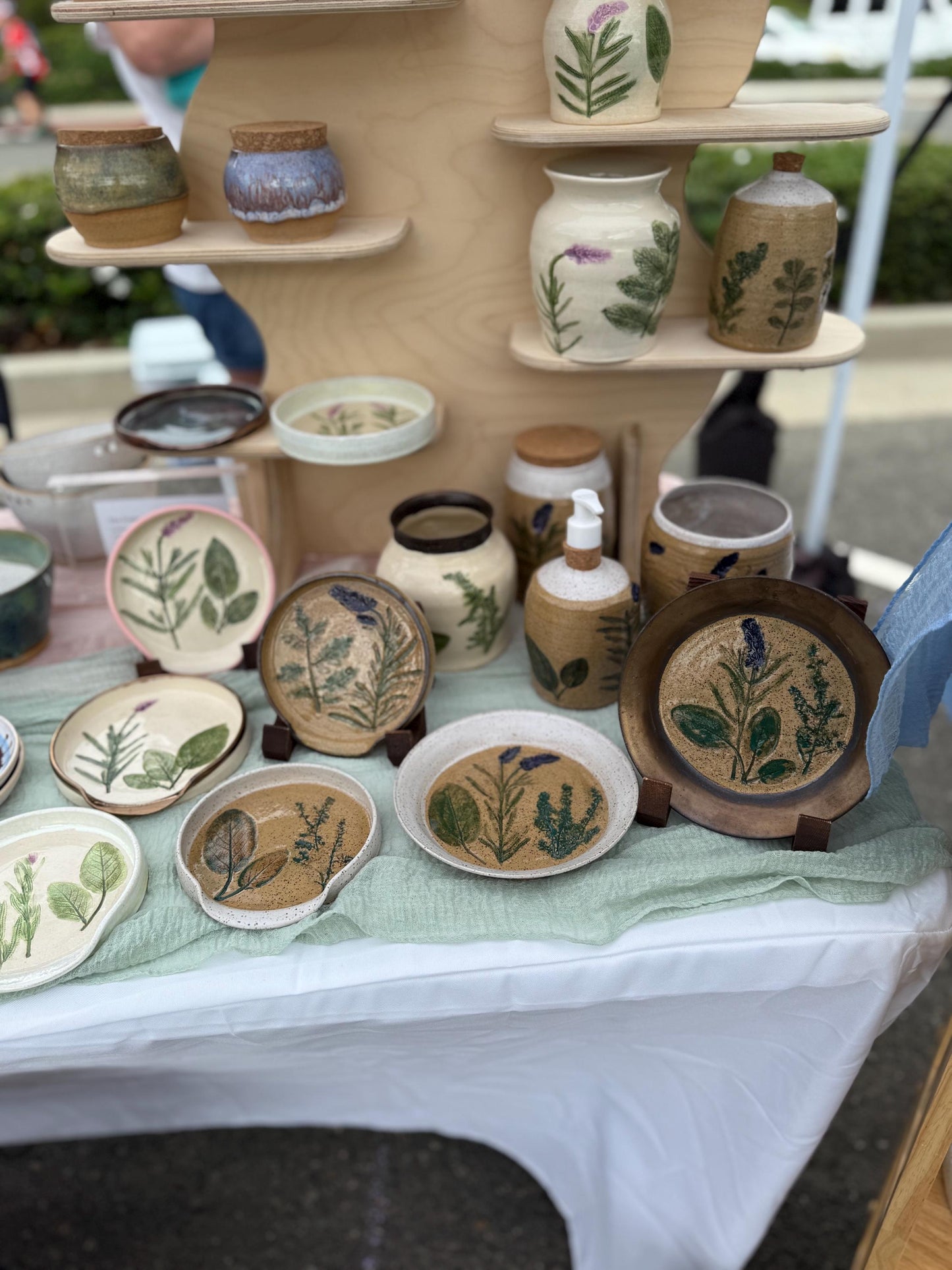 Handmade Hand-painted Stoneware Plate: Pressed Lavender and Herbs