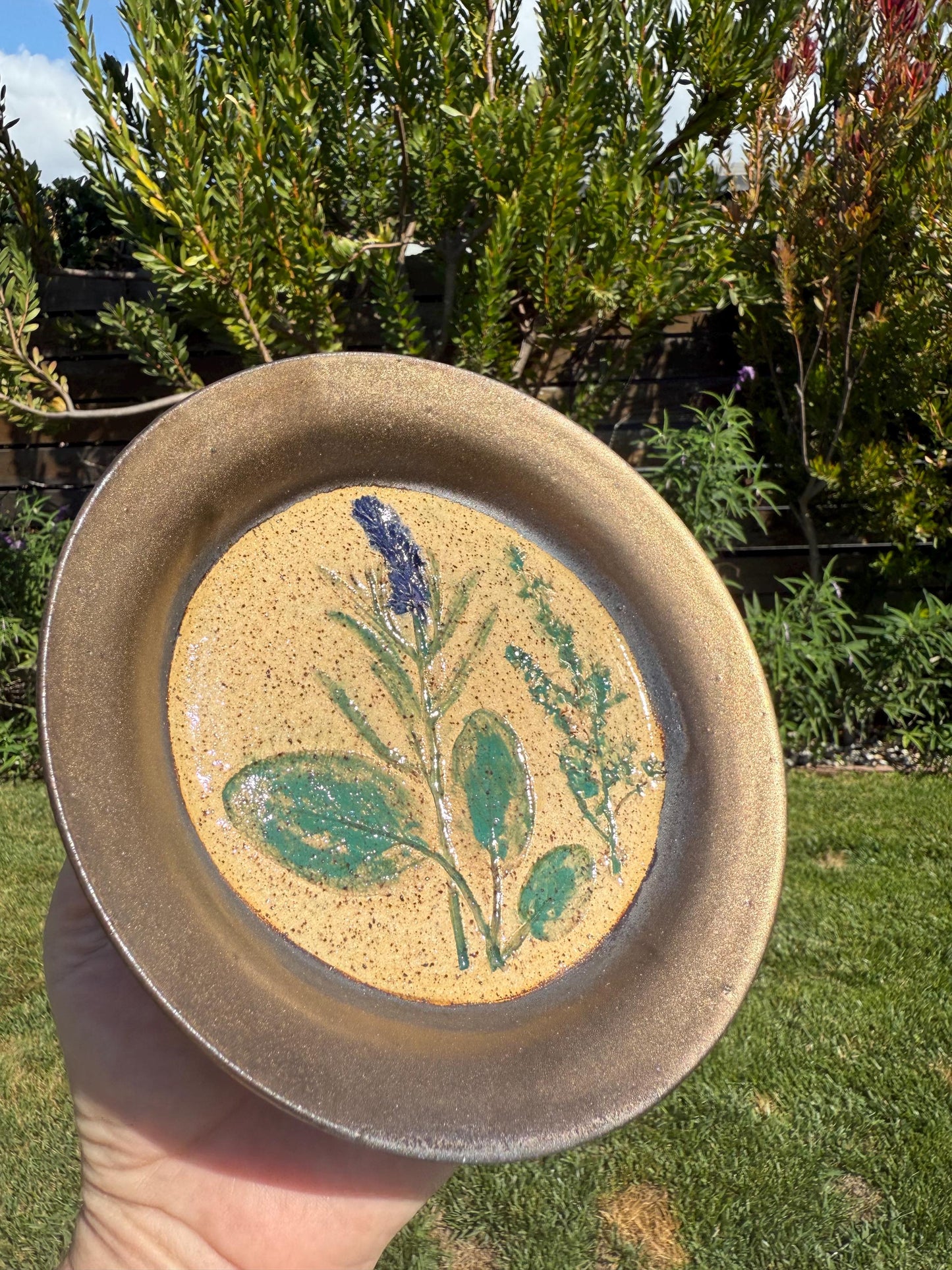 Pressed Plate, Food or Trinket, Hand-painted Plant Impression, Lavender Herbs, Matte Gold