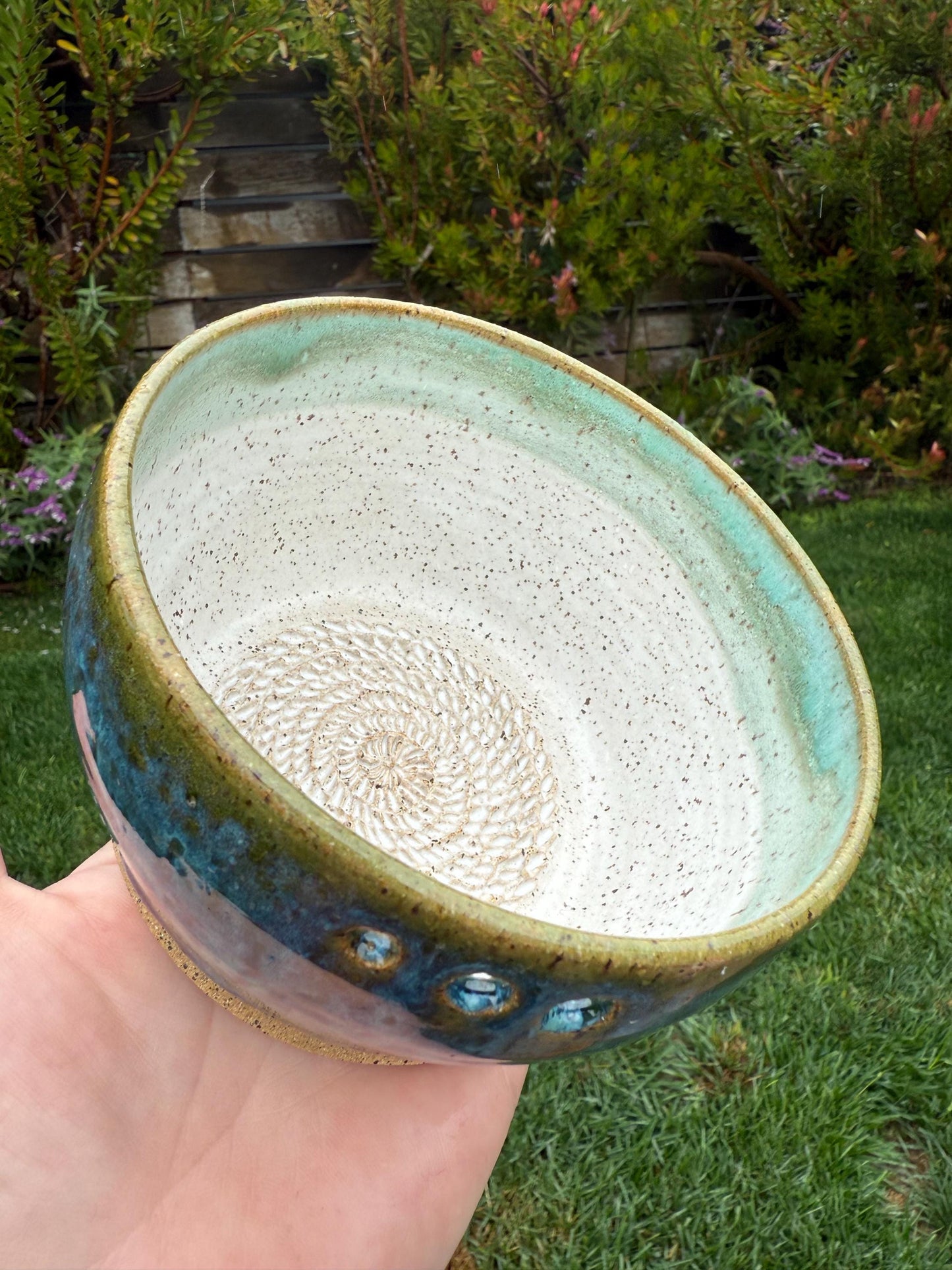 Blue and green sea inspired ocean glazed stoneware, Handmade mix and grate bowl, garlic grater, functional countertop art - Ceramics By Court