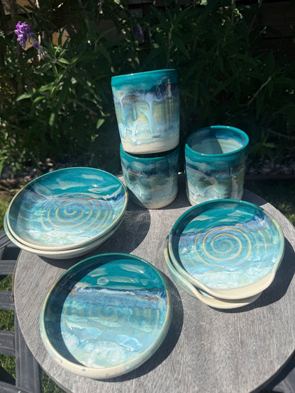 Handmade Hand Painted Beach Wave Plates, Glazed Stoneware Pottery