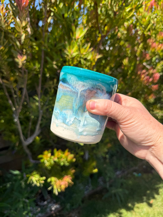 Handmade Beach Wave Thumb Grip Cups, Handpainted Glazed Stoneware