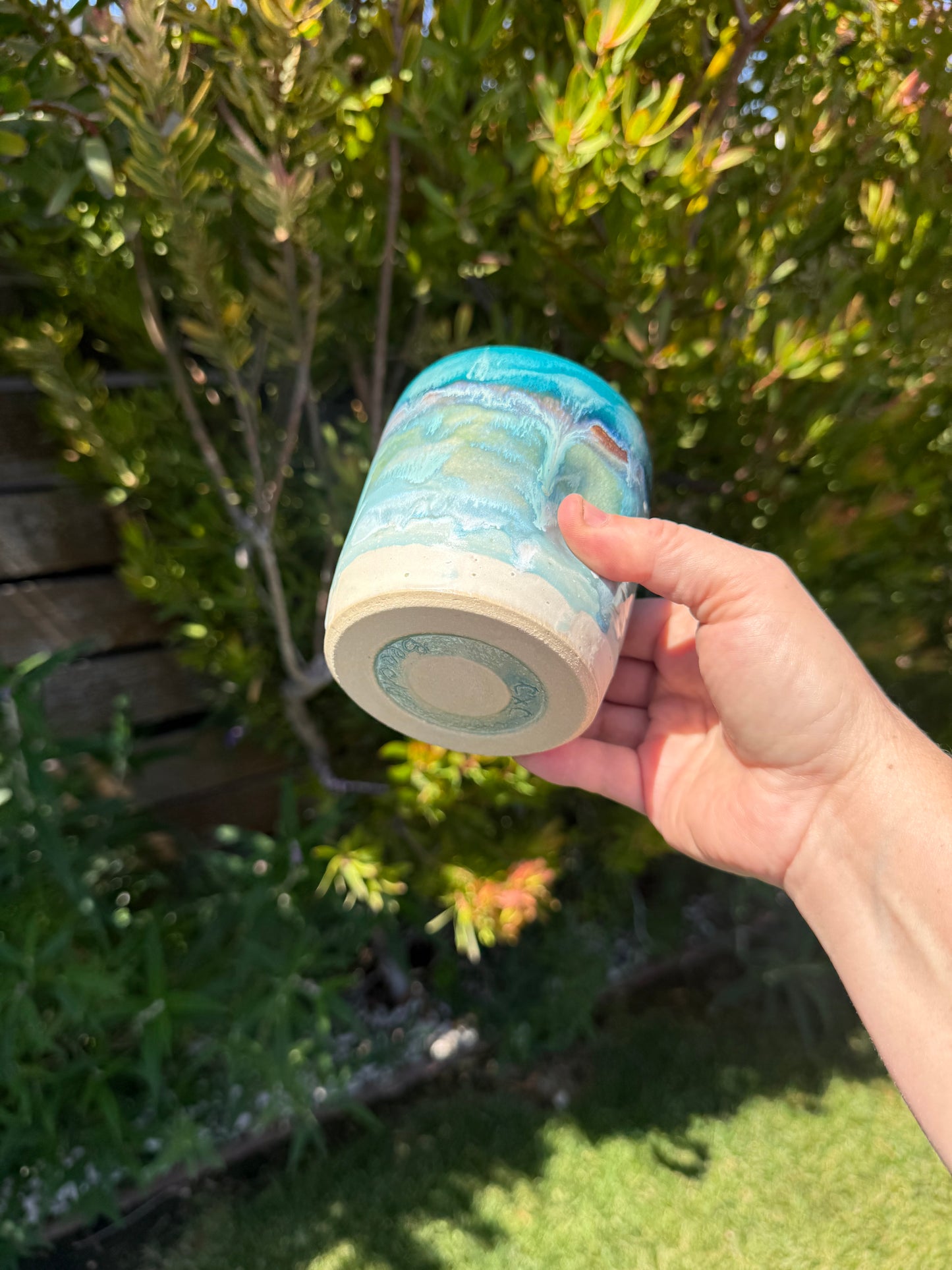Handmade Beach Wave Thumb Grip Cups, Handpainted Glazed Stoneware