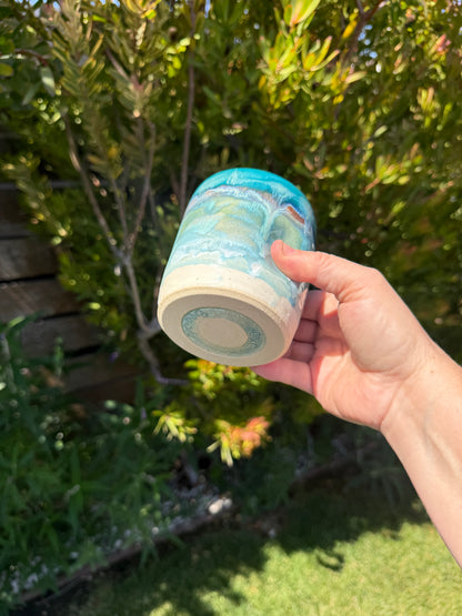 Handmade Beach Wave Thumb Grip Cups, Handpainted Glazed Stoneware
