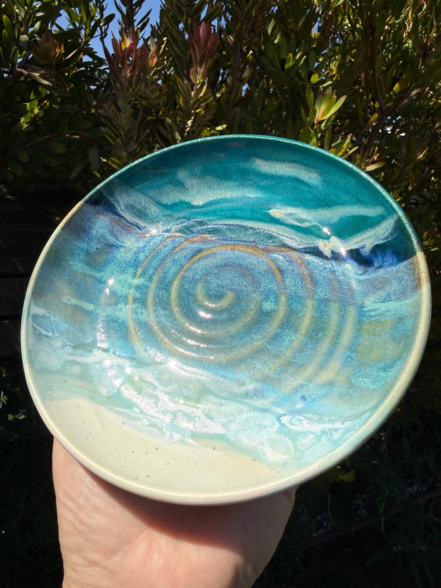 Handmade Hand Painted Beach Wave Plates, Glazed Stoneware Pottery