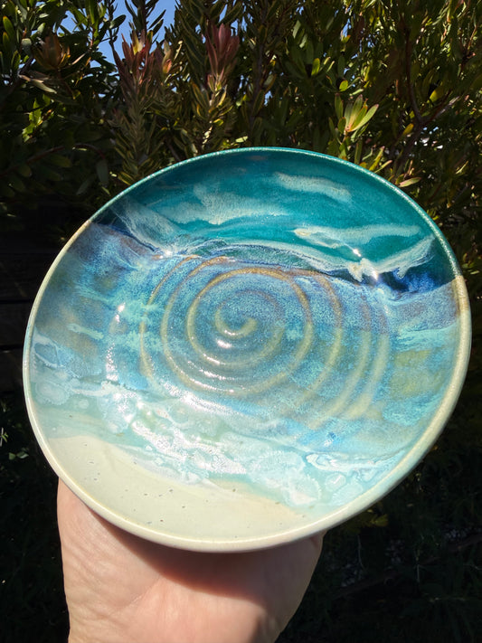 Handmade Hand Painted Beach Wave Plates, Glazed Stoneware Pottery