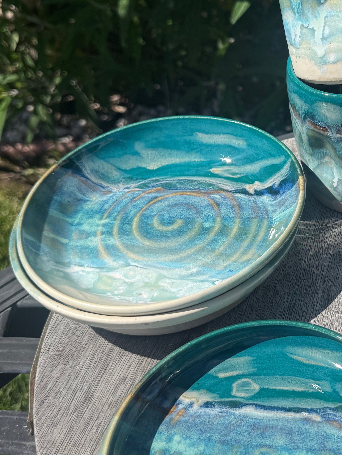 Handmade Hand Painted Beach Wave Plates, Glazed Stoneware Pottery