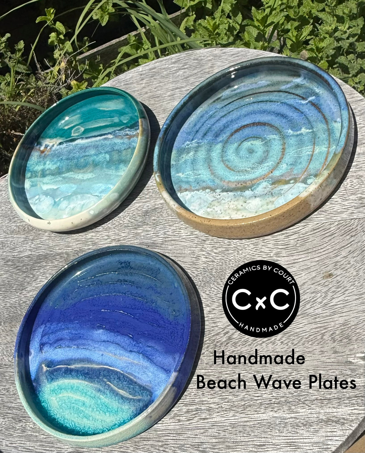 Handmade Hand Painted Beach Wave Plates, Glazed Stoneware Pottery