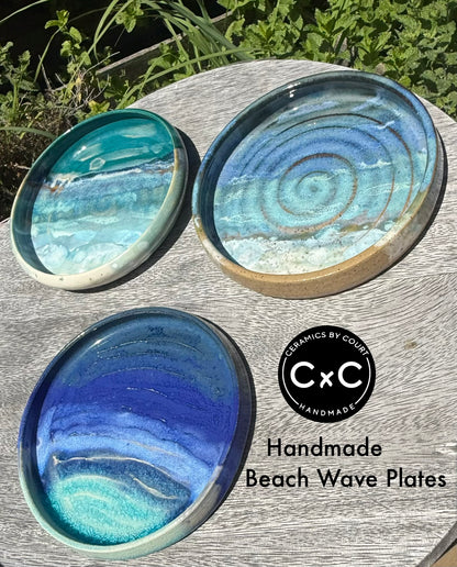 Handmade Hand Painted Beach Wave Plates, Glazed Stoneware Pottery