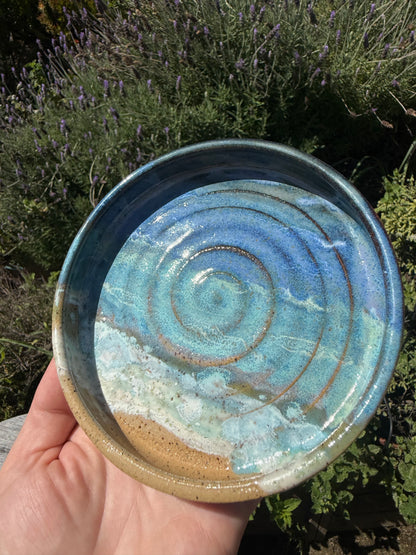 Handmade Hand Painted Beach Wave Plates, Glazed Stoneware Pottery