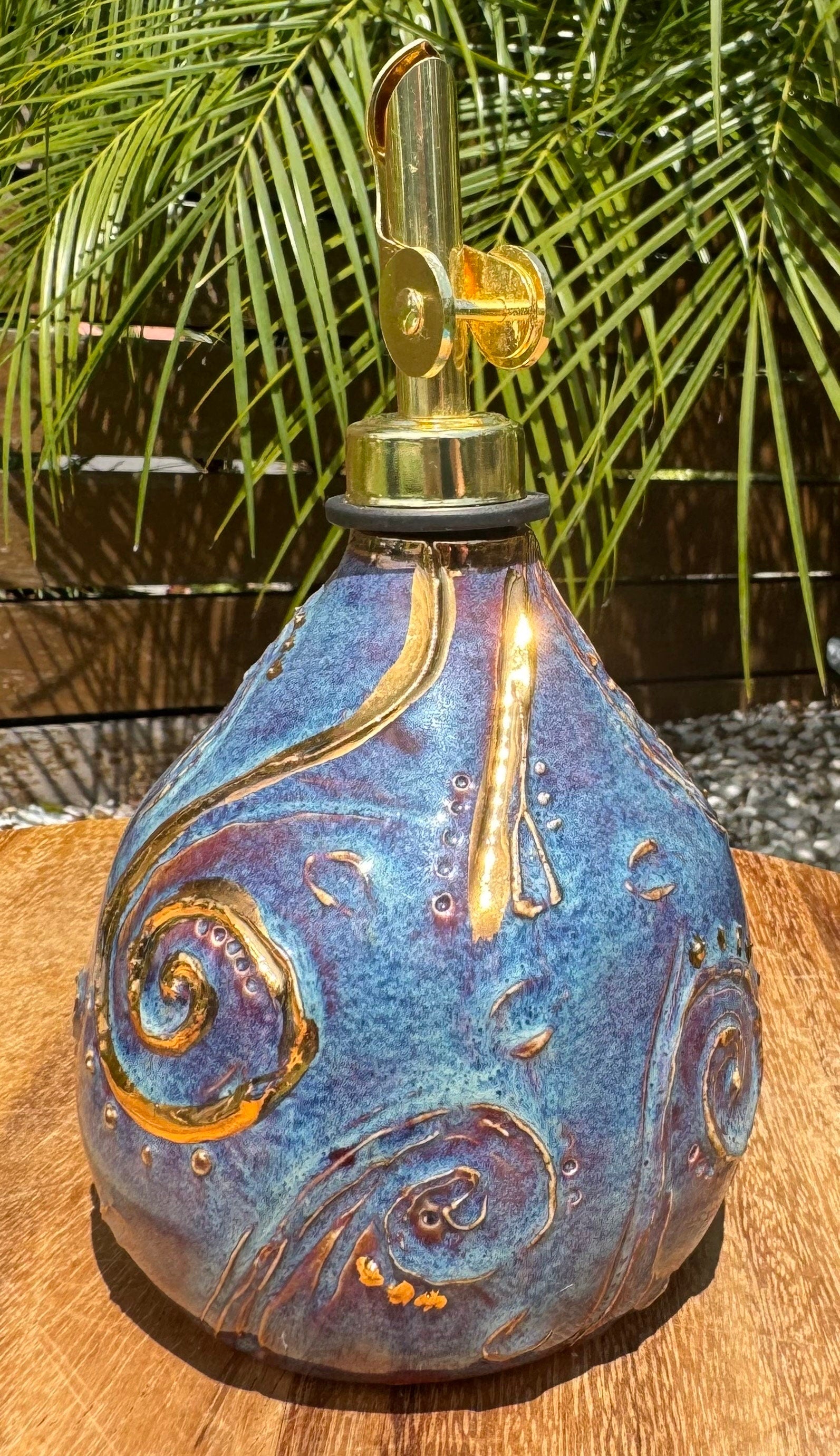 Olive Oil Vinegar Bottle Cruet, Hand-Carved Swirl “Tefiti” Design