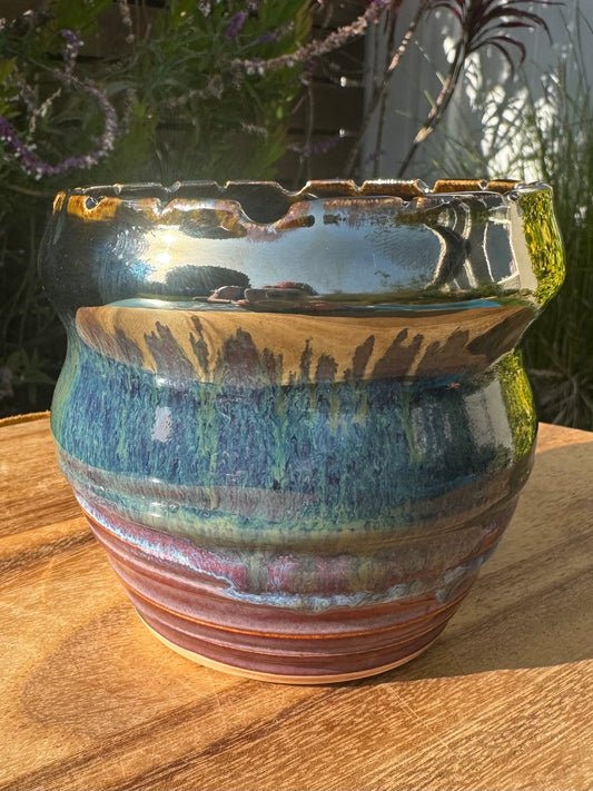 Vase Planter Pot with Drainage Hole & Coaster, Mirrored Plum Cascade, Purple Blue Glazed Ceramics — Handmade Wheel-thrown Stoneware Pottery