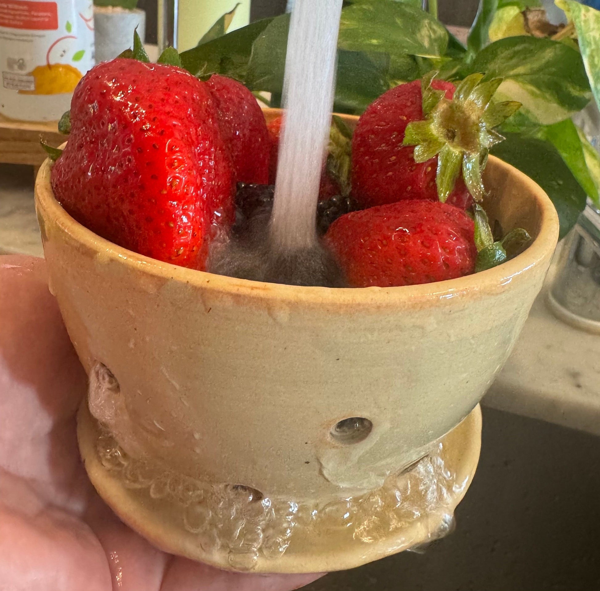 Colander Berry Bowl with Built-in Saucer, Pottery