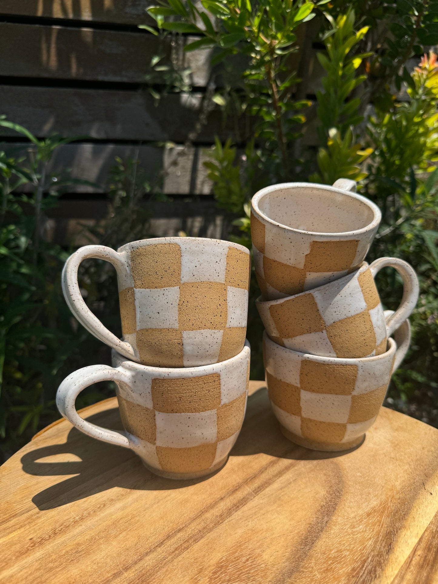 Checkered Mugs, Hand-Painted Wax Resist, Large Mugs with Comfortable Handles