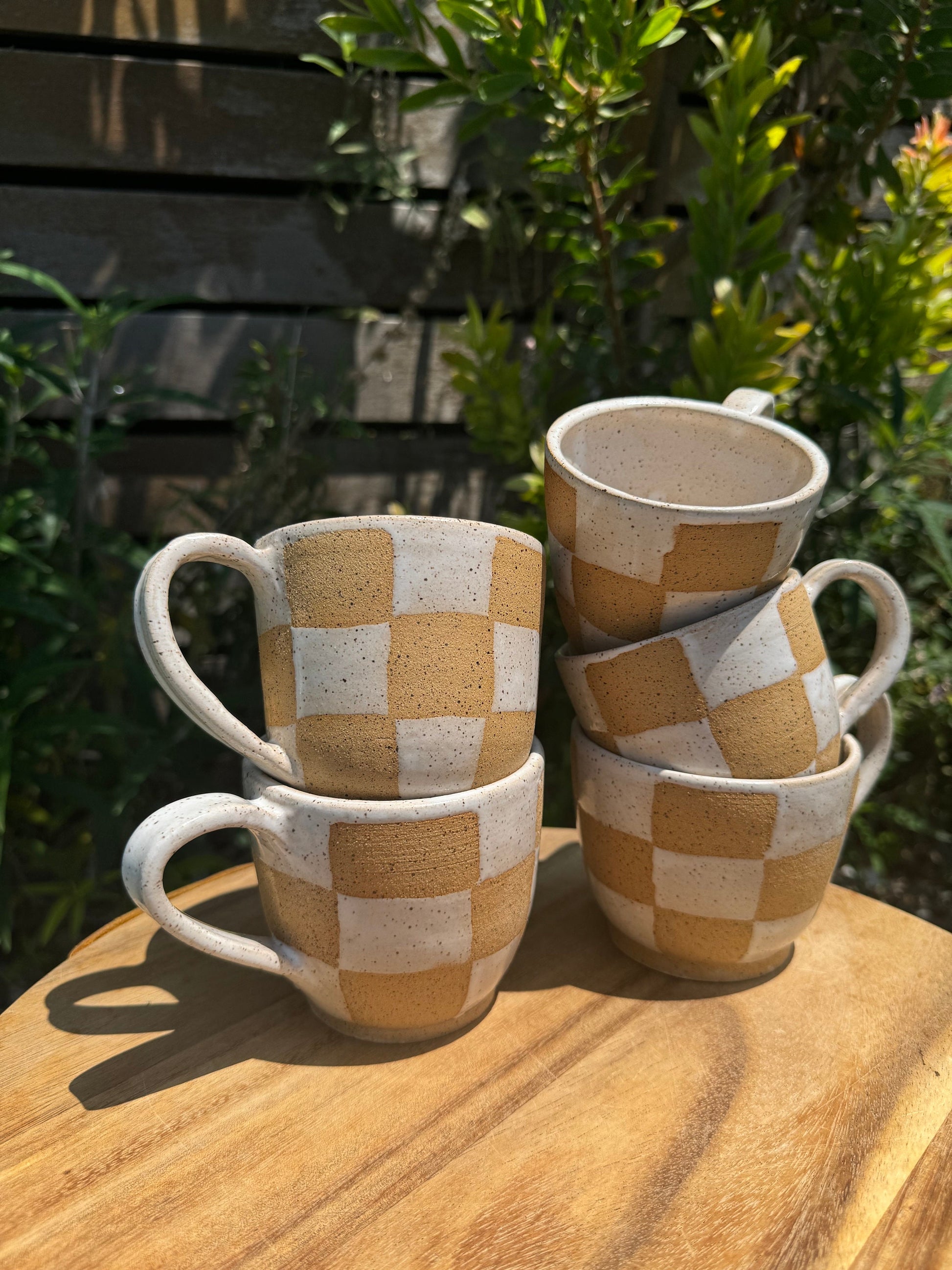 Checkered Mugs, Hand-Painted Wax Resist, Large Mugs with Comfortable Handles