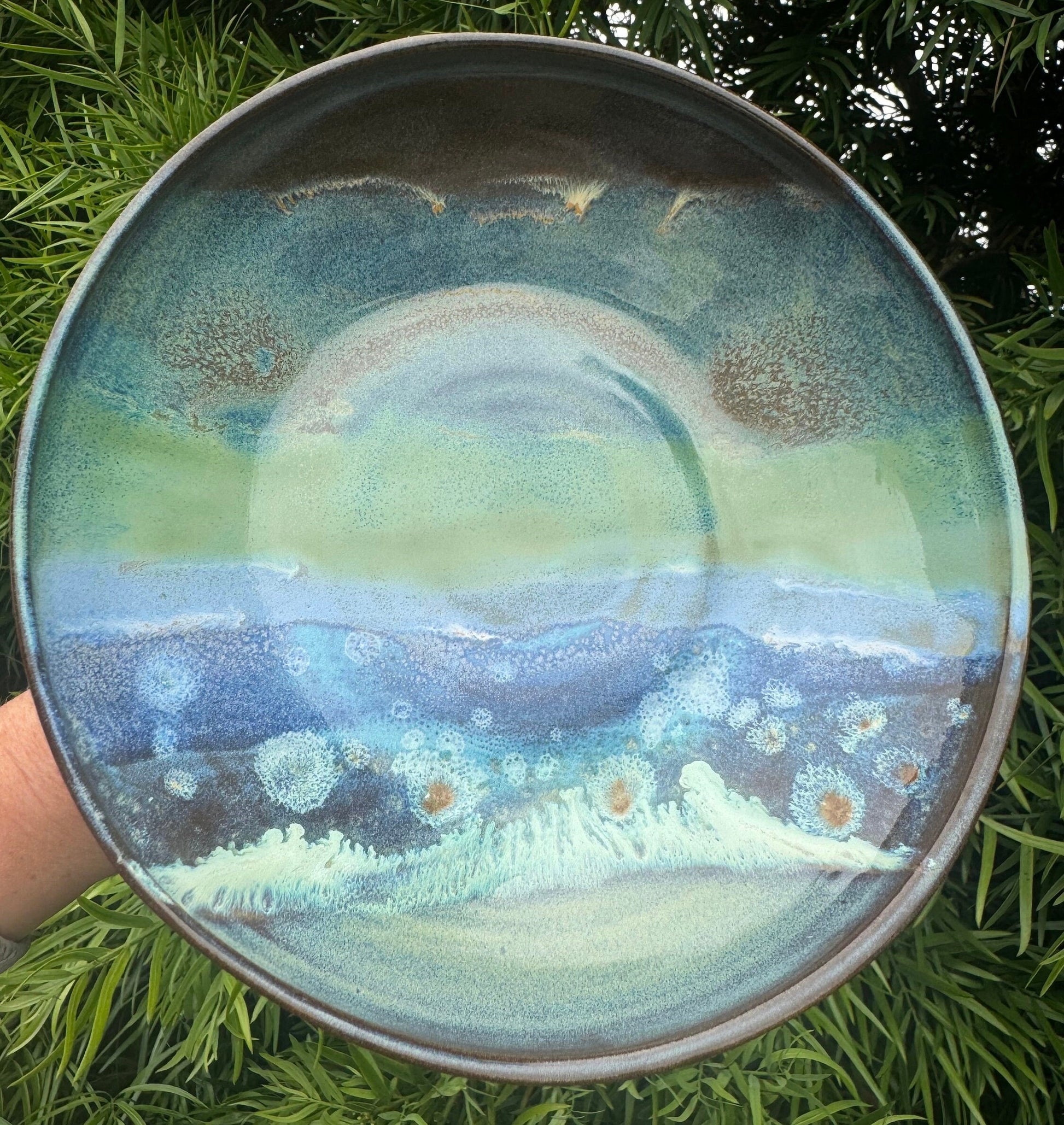 Pedestal Bowls, Hand-Painted Beach Wave, Funtional Coastal Home Decor
