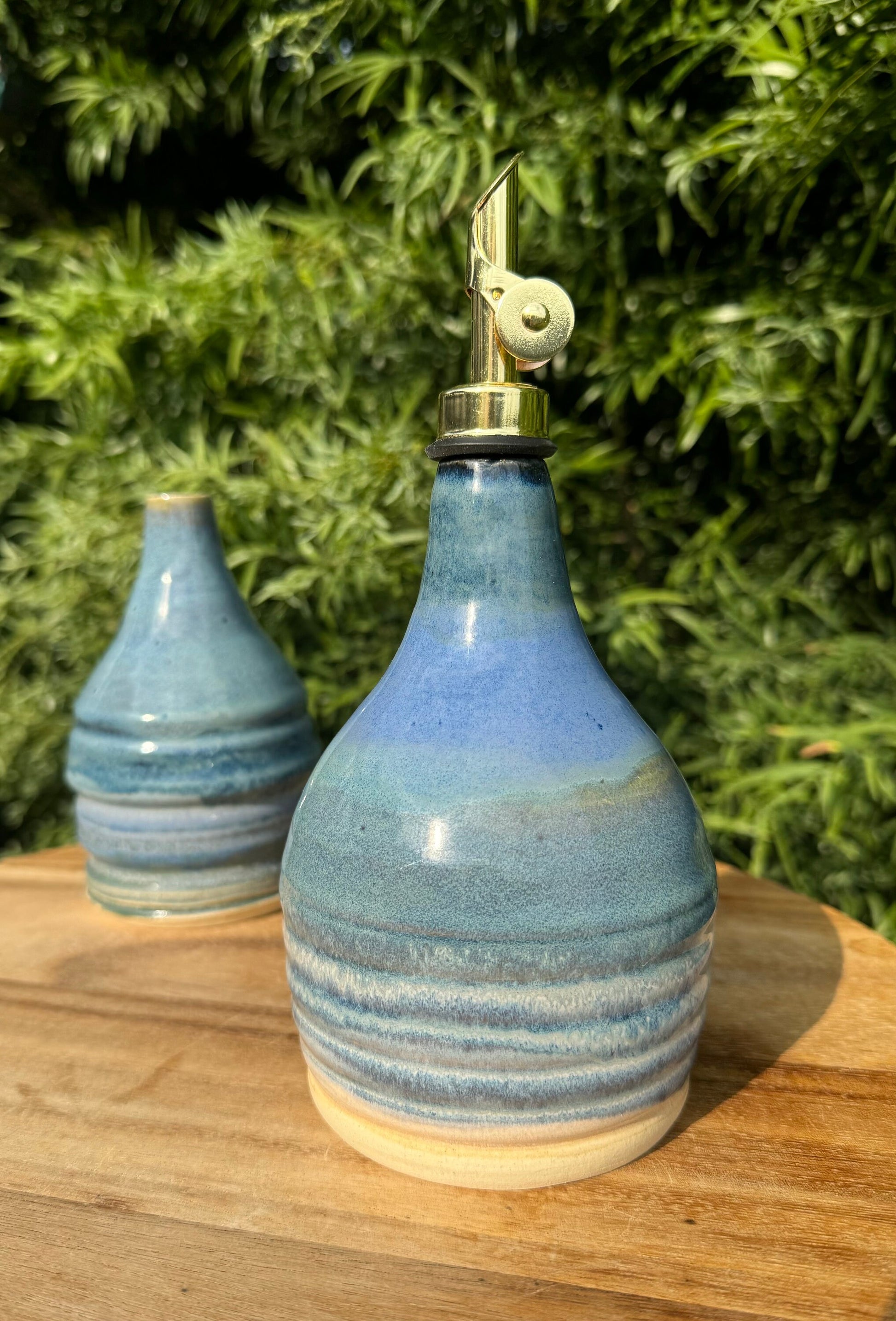 Olive Oil Vinegar Bottle Ceramic Cruet with Spout, Pressed Herbs & Lavender Floral, Beach Ocean