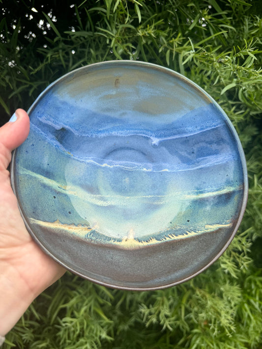 Wide Low Bowl, Red Sand Beach Waves, Hand-painted ombré glazes on Terra Red Clay