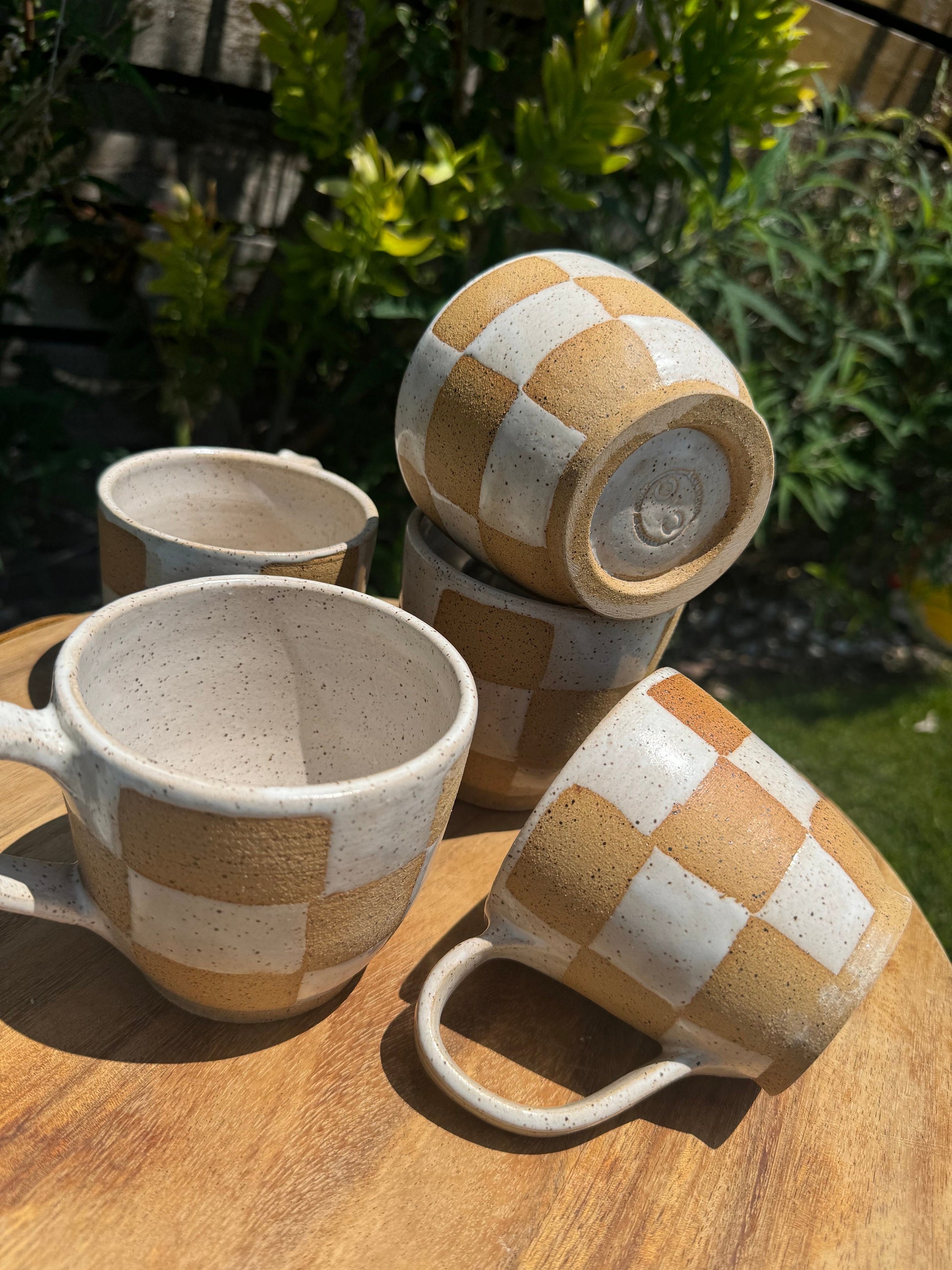 Checkered Mugs, Hand-Painted Wax Resist, Large 20+ oz. Capacity Mugs with Comfortable Handles