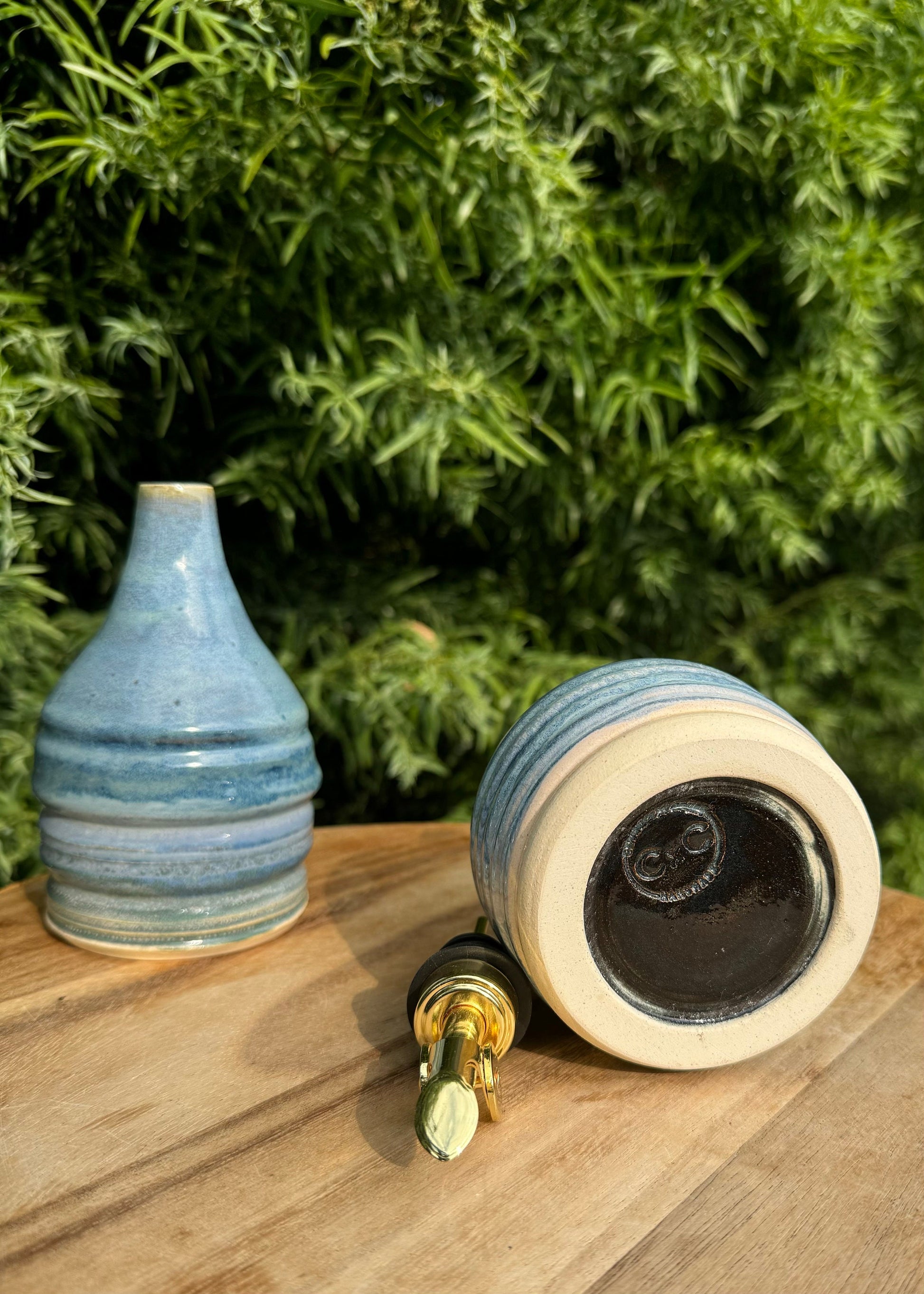 Olive Oil Vinegar Bottle Ceramic Cruet with Spout, Pressed Herbs & Lavender Floral, Beach Ocean