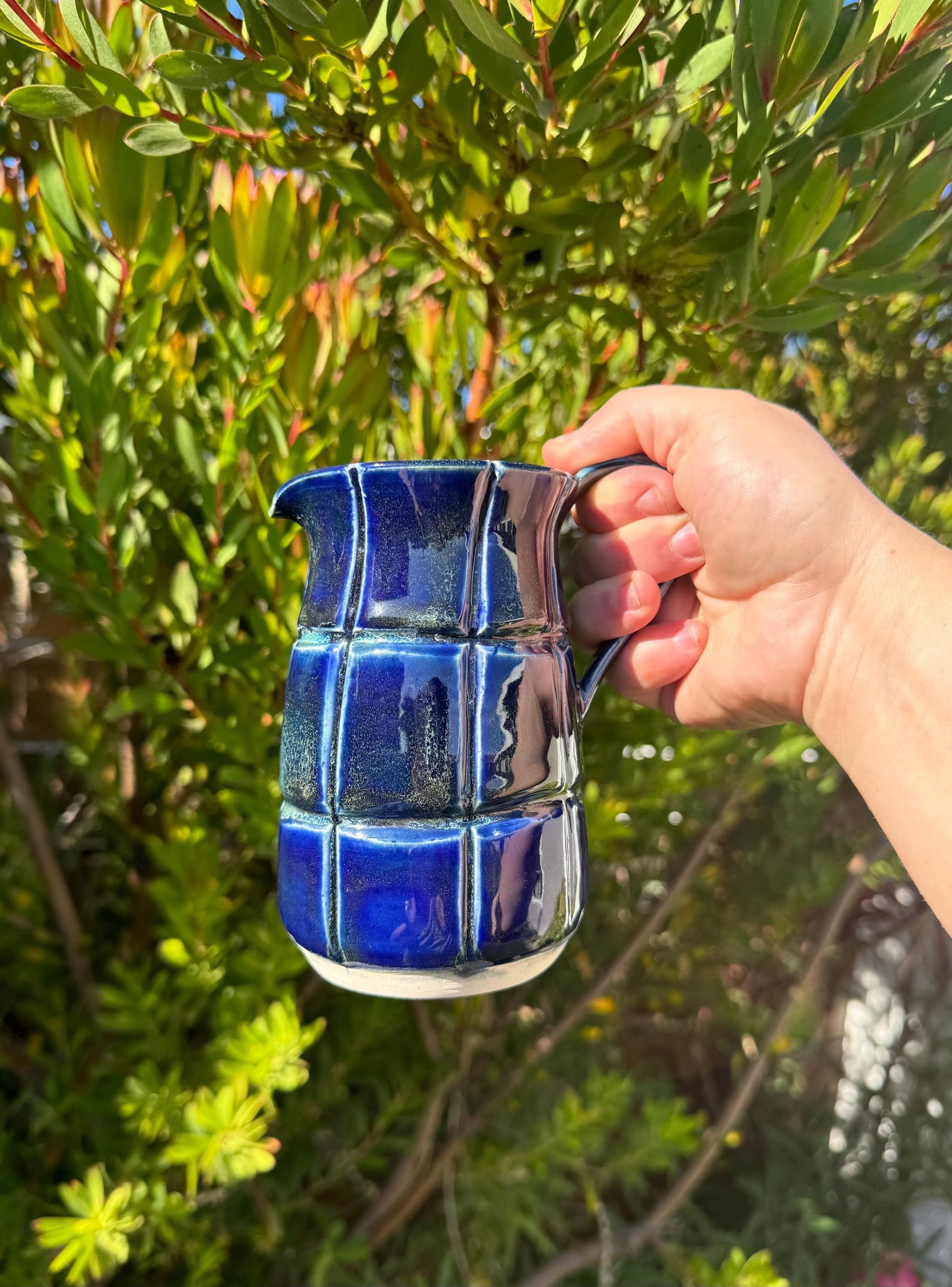 Pitchers, Azure Handpainted Handcarved Check Pattern, Kitchen or Vase