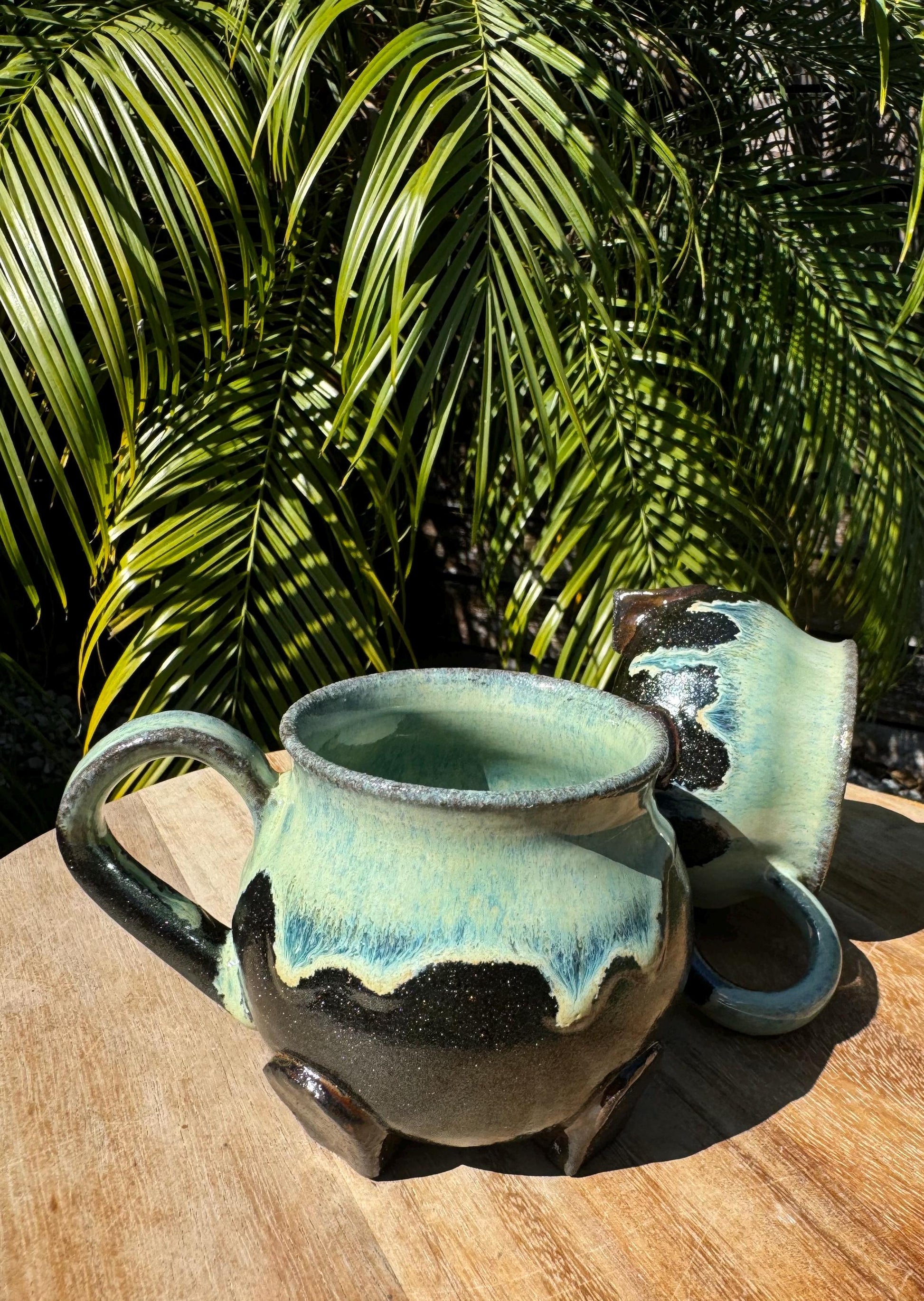 Halloween Caludron Mugs, Spooky Black Clay & Ghosts, with Large Comfortable Handles, 12-14 oz Cup — Handmade Wheel-thrown Pottery