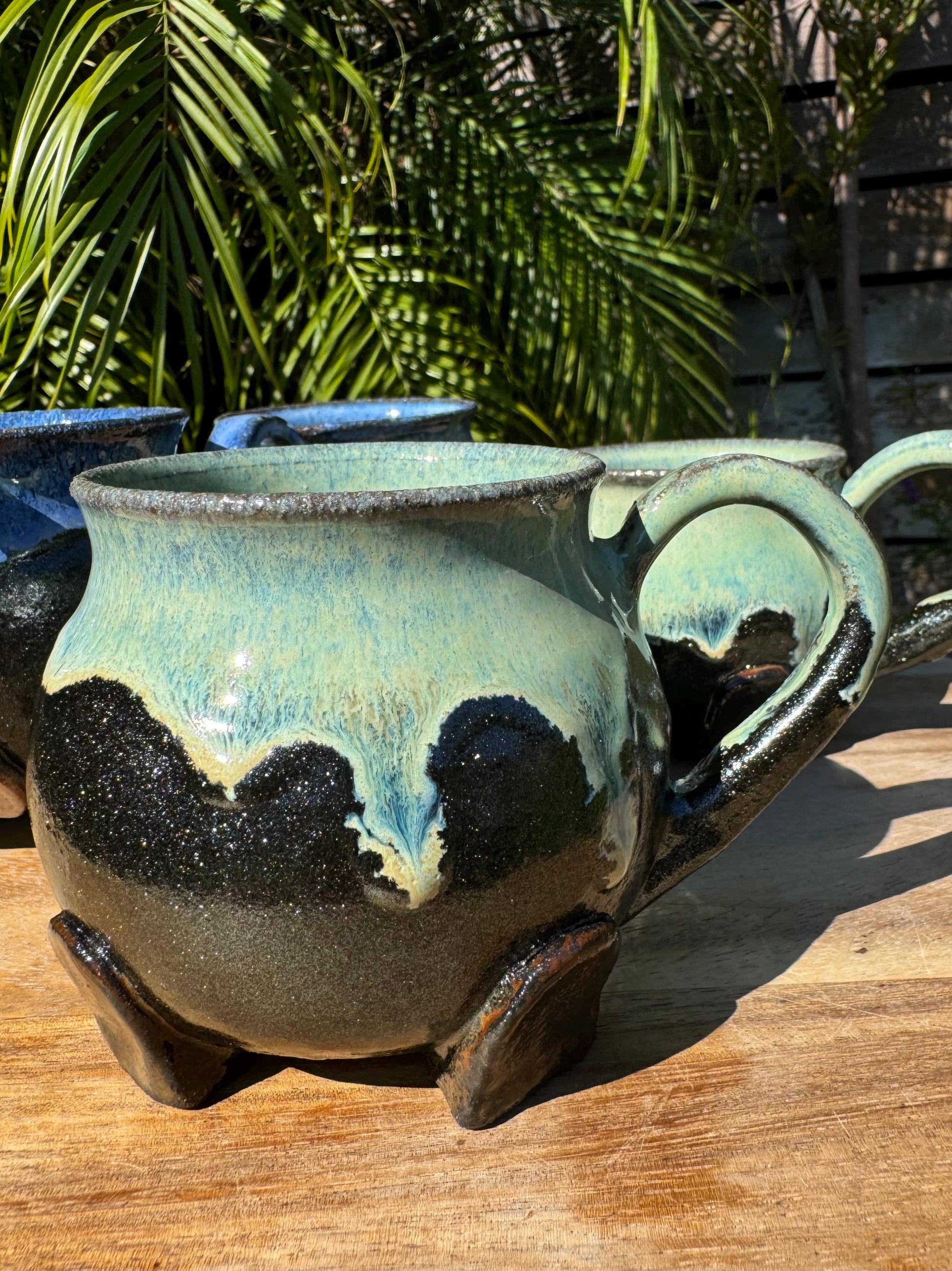 Halloween Caludron Mugs, Spooky Black Clay & Ghosts, with Large Comfortable Handles, 12-14 oz Cup — Handmade Wheel-thrown Pottery