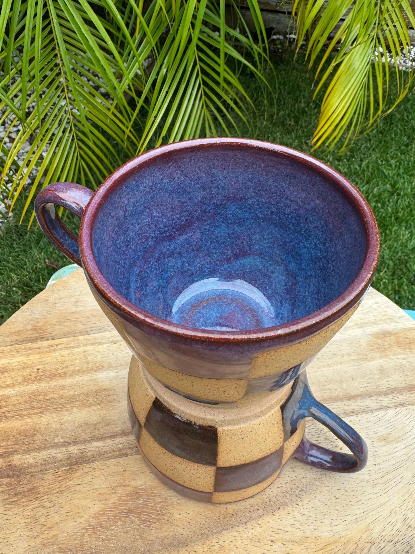 Checkered Speckle Sand Mugs, White, Sangria, Blue, Comfortable Handles, 16 oz Cup, Handpainted Wax Resist
