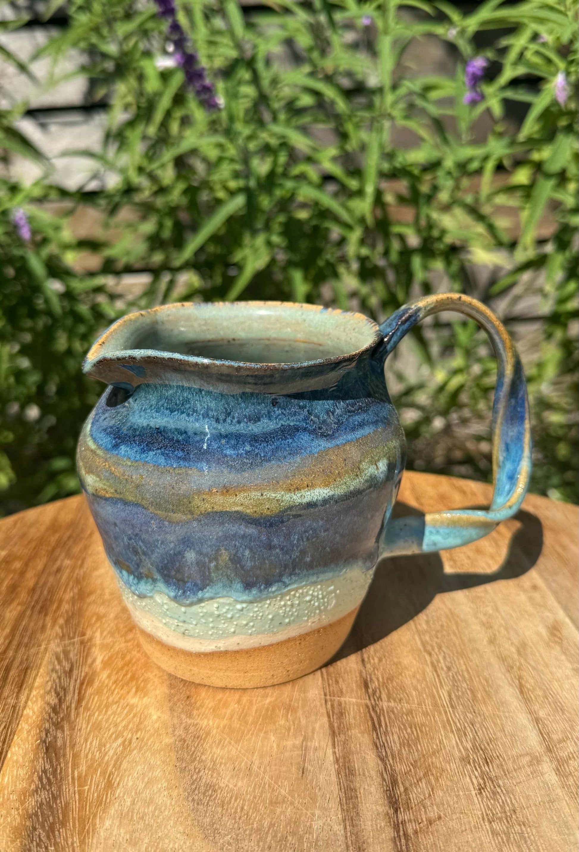 Cloudy Beach Pitcher with Twisted Wavy Handpulled Handle, Coastal Accent Vase, 20 oz.