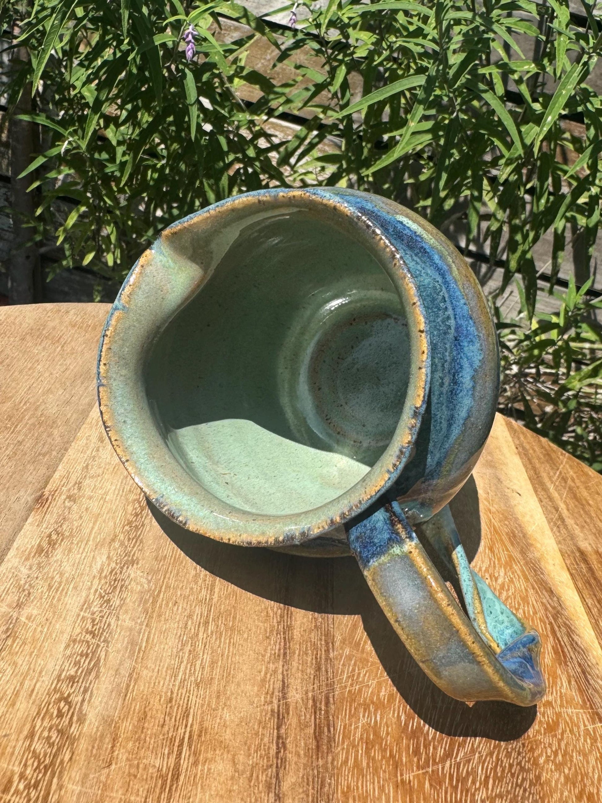 Cloudy Beach Pitcher with Twisted Wavy Handpulled Handle, Coastal Accent Vase, 20 oz.