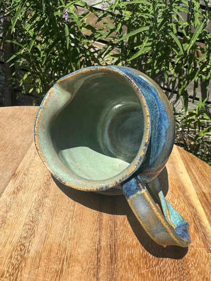 Cloudy Beach Pitcher with Twisted Wavy Handpulled Handle, Coastal Accent Vase, 20 oz.