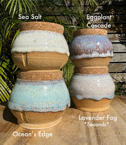 Salt Cellar Ceramic Pinch Bowls with Cork Topper, Ocean Drippy Glaze, Blue Purple, Salt Pig Kitchen