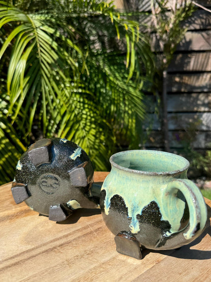 Halloween Caludron Mugs, Spooky Black Clay & Ghosts, with Large Comfortable Handles, 12-14 oz Cup — Handmade Wheel-thrown Pottery