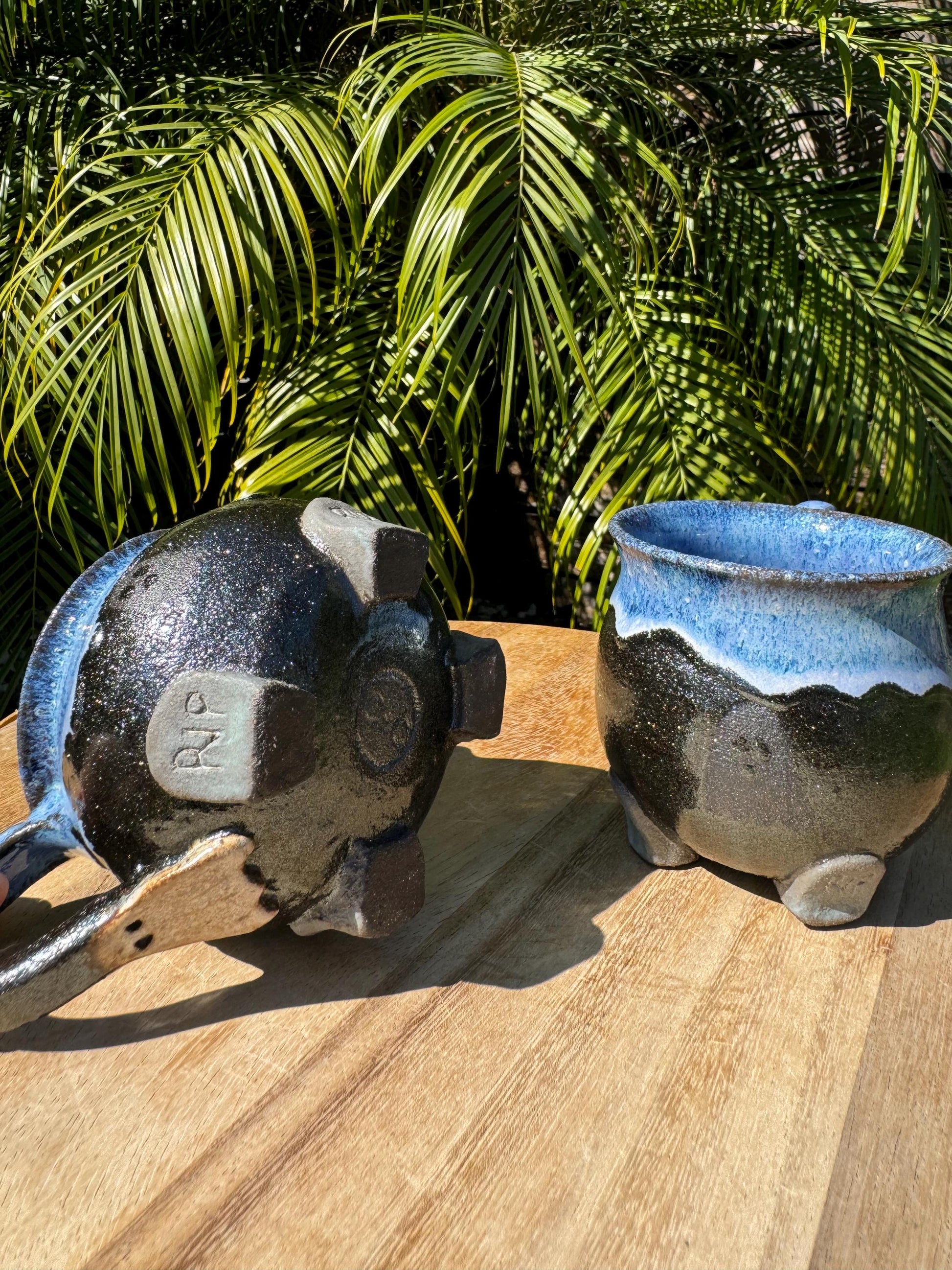 Halloween Caludron Mugs, Spooky Black Clay & Ghosts, with Large Comfortable Handles, 12-14 oz Cup — Handmade Wheel-thrown Pottery