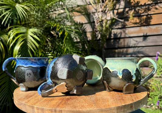 Halloween Caludron Mugs, Spooky Black Clay & Ghosts, with Large Comfortable Handles, 12-14 oz Cup — Handmade Wheel-thrown Pottery