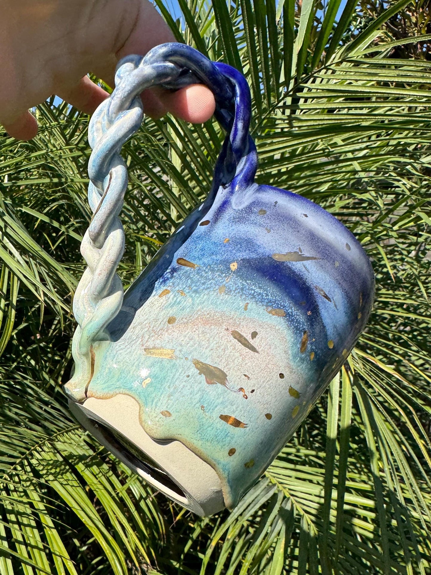 Handmade Ocean Ombré Stoneware Pitcher: Coastal Vase with 22K Gold