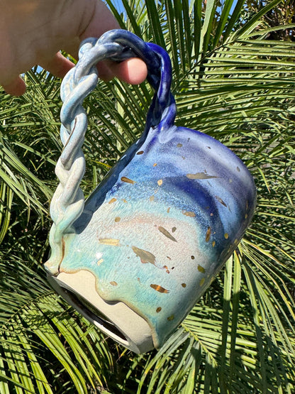 Handmade Ocean Ombré Stoneware Pitcher: Coastal Vase with 22K Gold