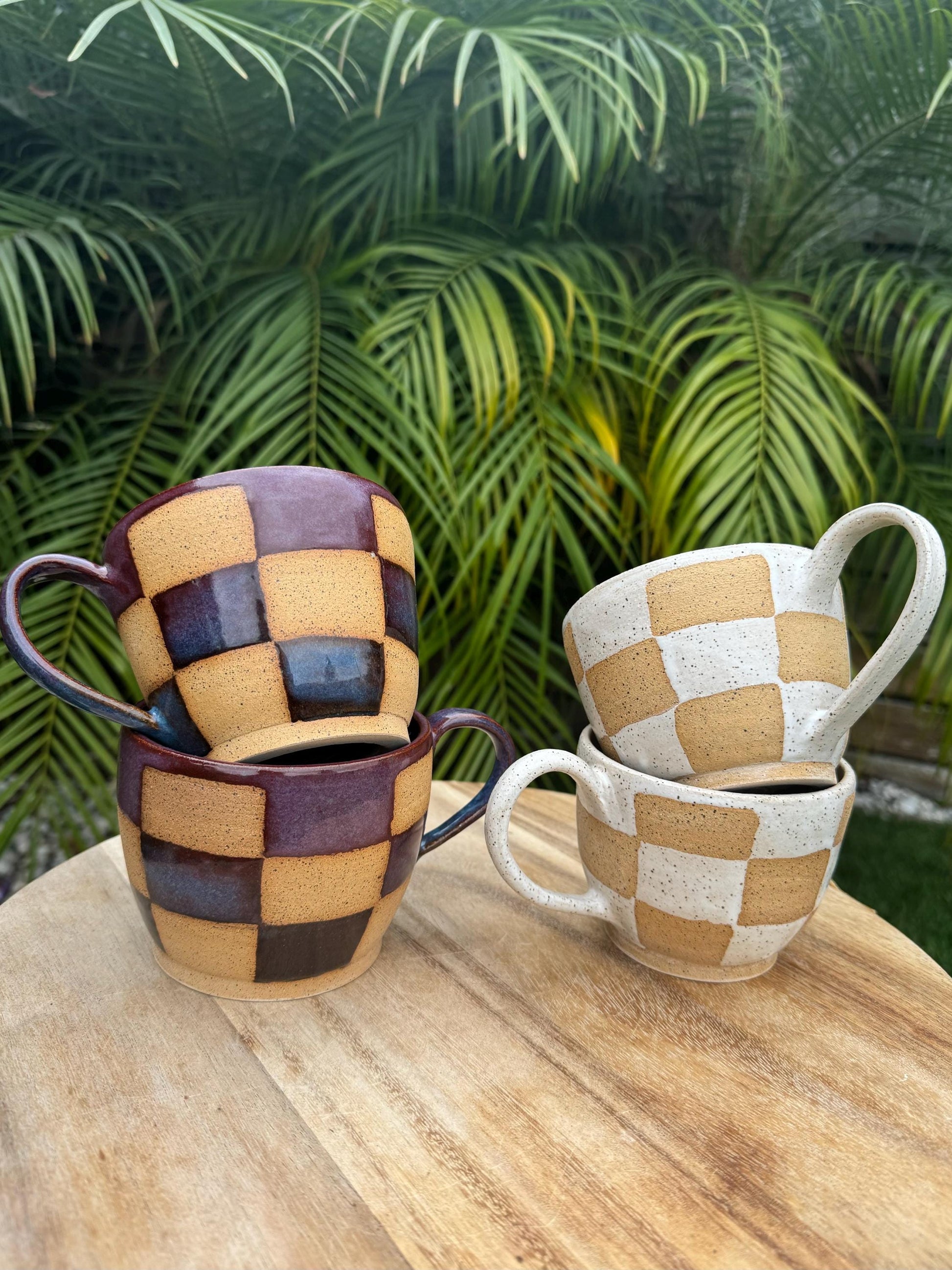 Checkered Speckle Sand Mugs, White, Sangria, Blue, Comfortable Handles, 16 oz Cup, Handpainted Wax Resist