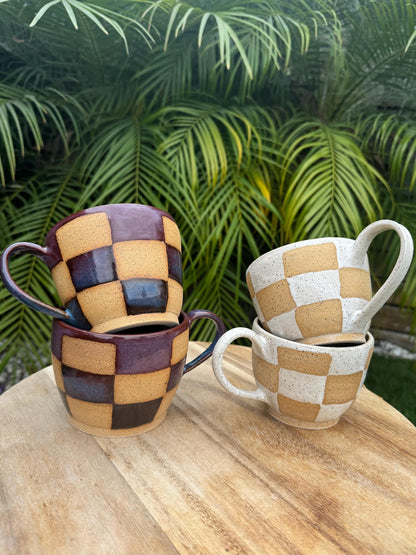 Checkered Speckle Sand Mugs, White, Sangria, Blue, Comfortable Handles, 16 oz Cup, Handpainted Wax Resist