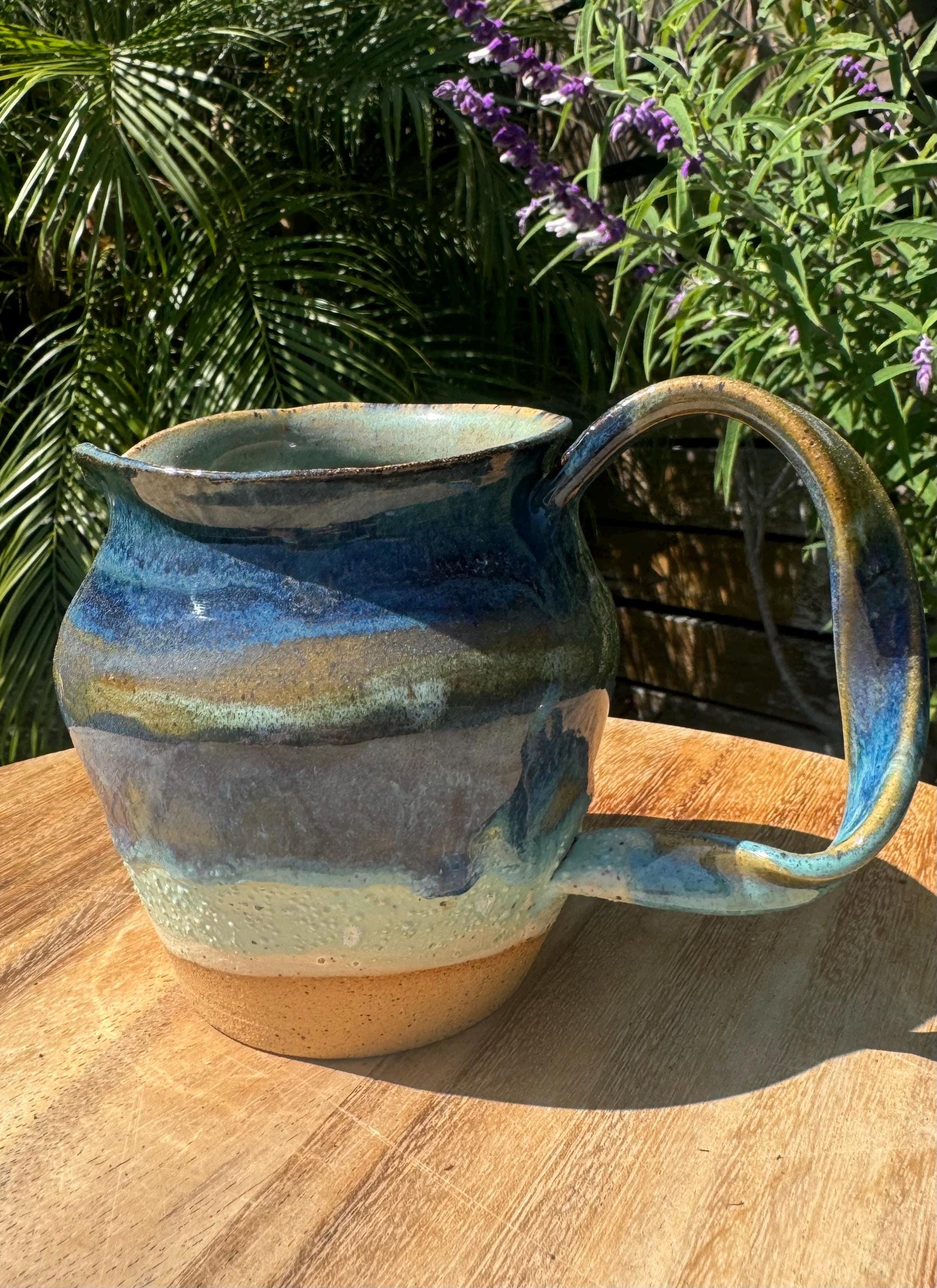 Cloudy Beach Pitcher with Twisted Wavy Handpulled Handle, Coastal Accent Vase, 20 oz.