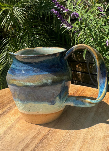 Cloudy Beach Pitcher with Twisted Wavy Handpulled Handle, Coastal Accent Vase, 20 oz.