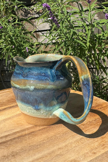 Cloudy Beach Pitcher with Twisted Wavy Handpulled Handle, Coastal Accent Vase, 20 oz.