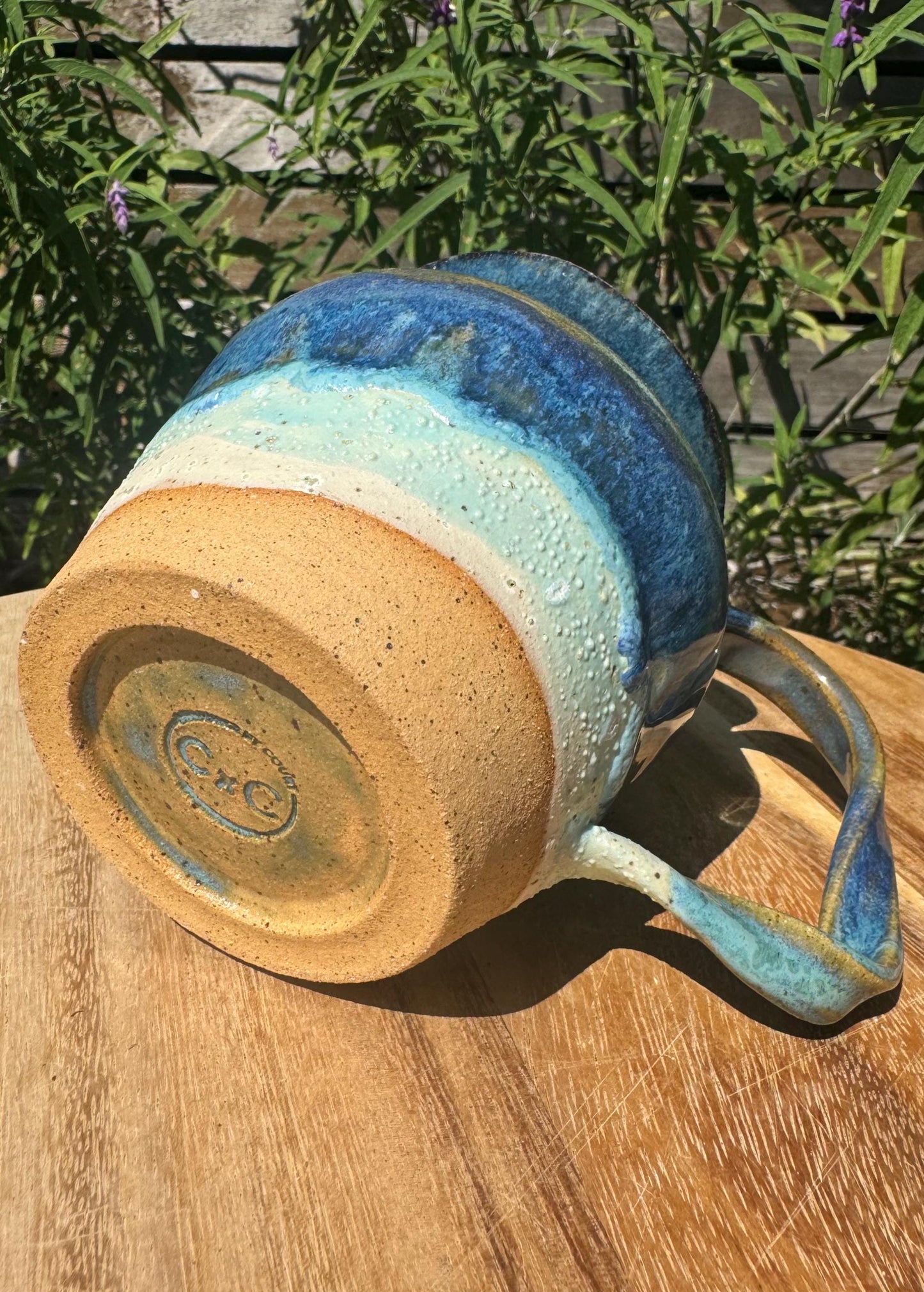 Cloudy Beach Pitcher with Twisted Wavy Handpulled Handle, Coastal Accent Vase, 20 oz.