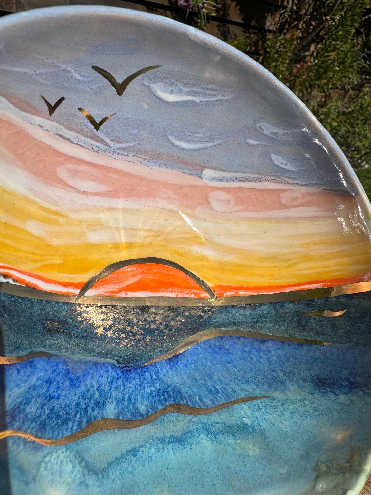 22K Golden Sunset Beach Bowl, Coastal Decor, Hand-Painted Glaze & 22 Karat Real Gold Functional Ceramic Art